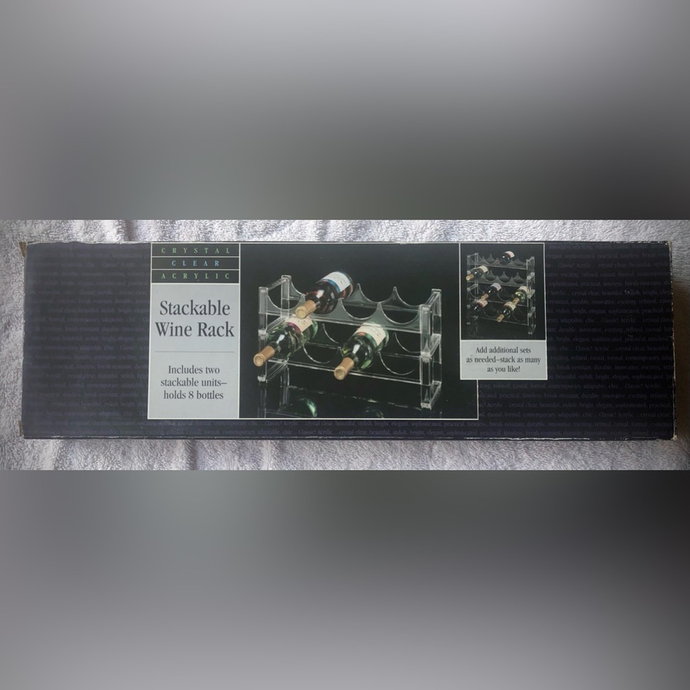 Vintage Clear Acrylic Stackable Wine Rack holds 8 bottles 18.5” x 5.5” NEW NIB